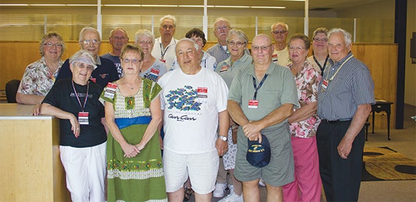 MN Chapter of Newmar Kountry Klub tour the Albert Lea Tribune on Thursday afternoon. This group has been staying at Hickory HIlls Campground in Twin Lakes. The group heard about the ins and outs of the newspaper industry. — Crystal Miller/Albert Lea Tribune
