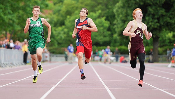 United South Central/Alden-Conger’s John Schuster, middle, heads toward the finish in the 400-meter dash finals Saturday at the Minnesota Class A state track meet at Hamline University. — Eric Johnson/Albert Lea Tribune