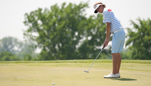 Brady Loch of Albert Lea completes the 18th hole — the last of his high school career — on Wednesday on Day 2 of the Class AA state golf meet at Ridges at Sand Creek in Jordan. — Micah Bader/Albert Lea Tribune