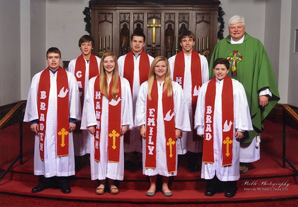 Trinity Lutheran Church in Albert Lea held confirmation on Jan. 25. Pictured in the front row from left are Braden Heavner, Hannah Johnson, Emily Benson and Brad Heavner. In the back row from left are Gavin Lawrence, Noah Habana, Hunter Lowman and the Rev. Curtis Zieske. - Provided