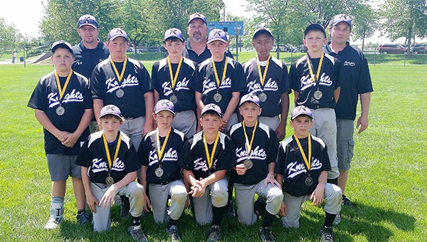 The Albert Lea Knights 12AAA baseball team took third place at the East Ridge Tournament from June 12 to 14 at Woodbury. Front row from left are Markus Dempewolf, Jack Ramaker, Blake Ulve, Caden Gardner and Joe Flores. Middle row from left are Ethan Ball, Trevor Ball, Jake Weseman, Caden Jensen, Javarus Owens and Jack Jellinger. Back row from left are coaches Brian Gardner, Brian Ball and Chris Weseman. — Provided