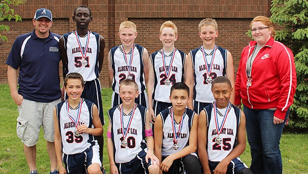 The Albert Lea seventh grade boys’ basketball team competed in four Minnesota Youth Athletic Services basketball tournaments. The team took second place in tournaments on May 2 and 23 at St. Paul, third on June 12 at Woodbury and third on June 20 despite playing in an older age devision at Brooklyn Center. Front row from left are Andrew Willner, Caden Gardner, Ismael Cabezas and Javarus Owens. Back row from left are coach Brian Gardner, Chey Guen, Koby Hendrickson, Logan Howe, Connor Veldman and coach Lana Howe. Chase Hill is not pictured. — Provided