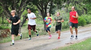 Bryce Gaudian of Albert Lea, far right, runs with a group from Big Springs Ranch in Leakey, Texas, on a 5K cross country course that was funded in part by Gaudian’s ultra-hike last year in the Grand Canyon. — Provided