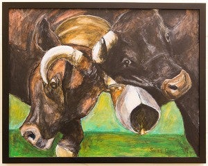 Julie Fakler’s “Swiss Cows” is one of several pieces in the Heart of the Heartland exhibit at the Freeborn County Arts Initiative.