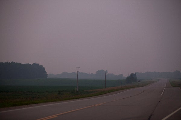 A thick haze settles over U.S. Highway 69 Monday as Canadian wildfires reportedly resulted in smog settling over parts of Minnesota. - Colleen Harrison/Albert Lea Tribune
