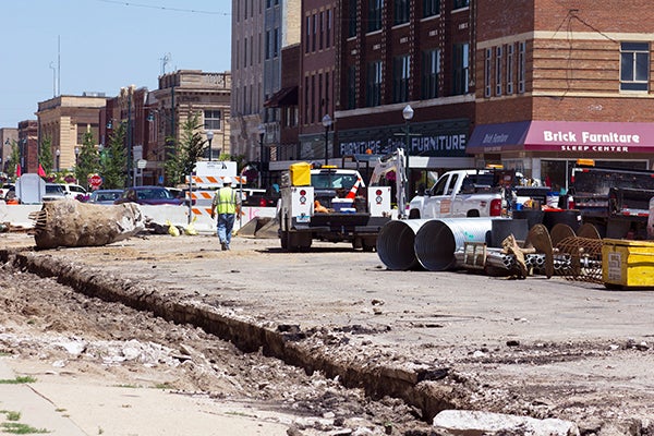Construction on South Broadway from Main Street south started July 6. The road from Main Street to Front Street is presently closed and lanes have been reduced south of Front Street for the construction. - Elena Schewe/Albert Lea Tribune