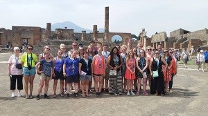 A group of ALHS students and chaperones pause at Pompeii near Rome for a group photo while on a historical tour. In the front row, from left, is Shirley Olsen, Hanna Kingstrom, Haley Desart, Carine Rofshus, Tiffany Hallisy, Charley Fleek, Olivia Stensrud, Eesa Lopez, Alexa Drescher, Carson McGivern and Diane Meza. Second row, from left, is Greta Hagen, Mackenzie Anderson, Gerald Bizjak, Lauren Bizjak, Grace Chalmers, Eric Maier, Kristin McGivern, Kailie Drescher, Raelin Bizjak and Rika Boorsma. Back row, from left, is Joshua Martinez, Hunter Gade, Garrett Piechowski, Ian Wildeman, Kassi Hardies, Jason Hantelman and Kristi Hantelman. - Provided