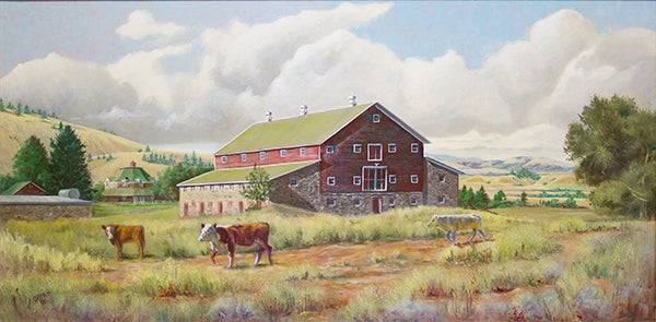 This painting was submitted by Carol and Ken Bertelson. The painting is of the historical Child Kleffner Ranch in Montana. It is believed to be the largest old barn in the United States. It has three floors, 70 windows and 7,000 square feet of floor space. - Provided
