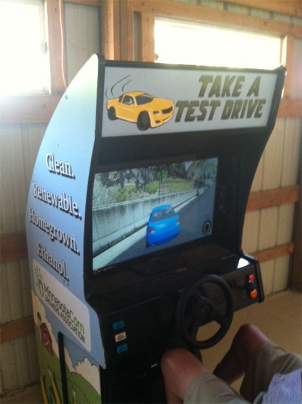 A driving video game where the children can drive a ethanol race car is coming to Kids Zone at the fair. Children can try to get a good score while hitting the ethanol cans to gain points, but if they hit a regular gas can the screen becomes foggy and they lose points. — Provided