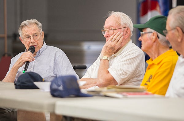 Chuck Foster speaks Wednesday during a veterans of World War II group discussion at the Freeborn County Fair. Foster was a student at Iowa State University when the war broke out, and he said he beat the draft by about 24 hours by enlisting in the Army’s officer’s training program in 1942. -Colleen Harrison/Albert Lea Tribune