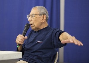 Retired U.S. Marine Lupe Gasca speaks of his World War II experiences in Nagasaki, Japan, during a veterans group discussion Wednesday at the Freeborn County Fair. - Colleen Harrison/Albert Lea Tribune