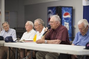 Seven World War II veterans took part in a group discussion Wednesday at the Freeborn County Fair about their experiences to commemorate the 70th anniversary of World War II ending. -Colleen Harrison/Albert Lea Tribune