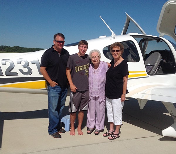 Dorothy Gulbrandson turned 96 on July 25 and for her gift, her grandson gave her a first ride ever in a small plane. With her in the plane was four generations of family members, including her grandson, Neil Stevens, who was also the pilot; her great-grandson, Wyatt Stevens; and her daughter, Becky Stevens. - Provided