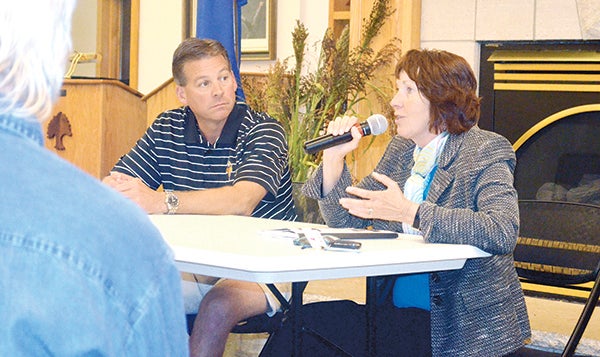 Rep. Jeanne Poppe, DFL-Austin, discusses the merits behind voting for a controversial agriculture bill Monday night at an Izaak Walton League forum at the Jay C. Hormel Nature Center. Trey Mewes/Albert Lea Tribune