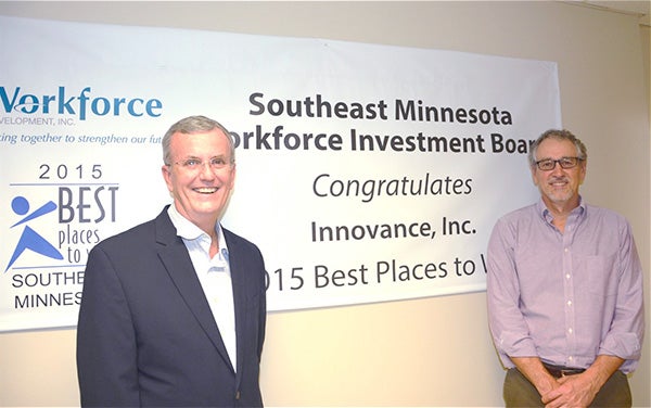 Gerry Hoeffner, president of Personnel Dynamics Consulting, was in Albert Lea on Wednesday to tour and meet with Innovance staff. Hoeffner manages the Best Places to Work program which is sponsored in southeast Minnesota by Workforce Development Inc.  Hoeffner is pictured with Steve Tufte, CFO and general manager of Innovance. Hoeffner has been touring southeast Minnesota and meeting with some of the businesses previously recognized as one of the Best Places to Work in Southeast Minnesota. -Provided