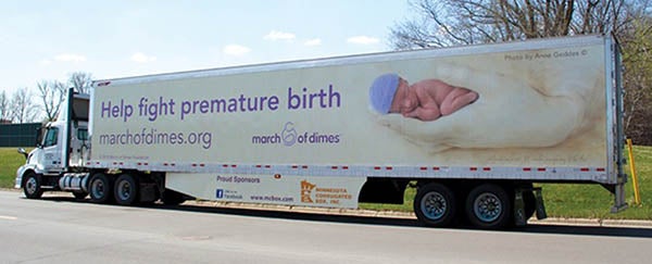 A Minnesota Corrugated Box truck has been fitted with a special wrap to share the March of Dimes message to help fight premature birth. -Provided