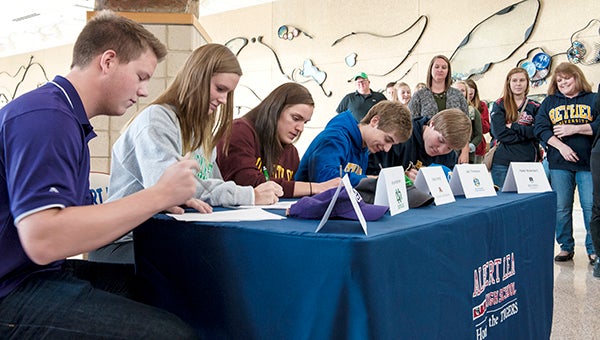 Albert Lea student-athletes sign national letters of intent Thursday at Albert Lea High School. From left are Alex Syverson, Anna Andersen, Lindsey Horejsi, Jake Thompson and Parker Mullenbach. — Micah Bader/Albert Lea Tribune