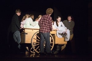 The brothers kidnap the brides in “Seven Brides for Seven Brothers.” - Sarah Stultz/Albert Lea Tribune