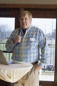Bill Howe presents his idea for an RV park at Edgewater Park to the audience Saturday at Wedgewood Cove Golf Club. - Sam Wilmes/Albert Lea Tribune
