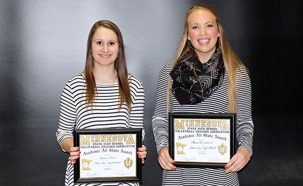 Emma Iverson, left, and Allison Grandstrand were recognized as Academic All-State selections by the Minnesota Volleyball Coaches Association at the Albert Lea volleyball team’s awards banquet. Players must be nominated by their coach and have a 3.80 cumulative GPA over the course of their high school career for the award. - Provided