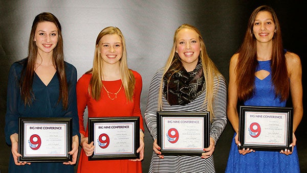 Four members of the Albert Lea volleyball team were recognized as Big Nine All-Conference selections at the team’s awards banquet. From left are Julia Deyak, Big Nine All-Conference; Camryn Keyeski, Big Nine All-Conference; Allison Grandstrand, Big Nine All-Conference honorable mention; and Sarah De Haan, Big Nine All-Conference honorable mention. Highlights of the season for the Tigers (7-18, 3-8 Big Nine) included conference wins over Austin, Rochester John Marshall and Rochester Century, a team that finished 21-7, and a 2-0 sweep of Burnsville on Oct. 3 after a 3-2 loss against the same team on Sept. 8. - Provided