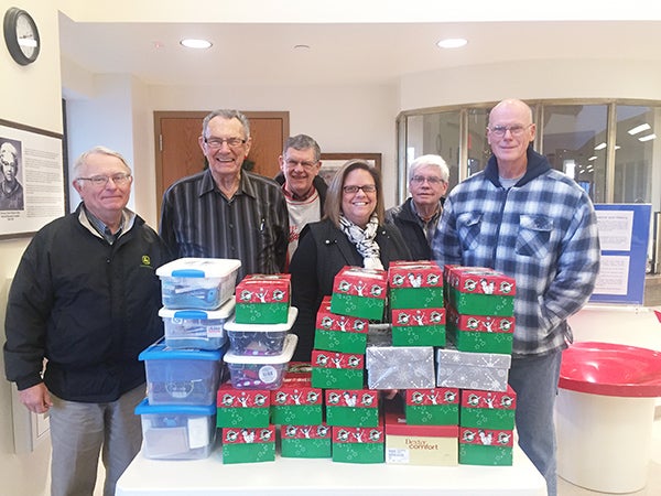 Members of the Albert Lea Daybreakers Kiwanis Club exceeded their goal and donated 26 boxes of gifts for children to the Operation Christmas Child program. Kiwanis members pictured include Al Anderson, Dick Polley, Bob Graham, Catherine Buboltz, Darryl Meyer and Orlo Willmert. Daybreakers Kiwanis has made the commitment to participate in a minimum of one project per month. The group will be bell ringing on behalf of The Salvation Army on Dec. 4 at Market Place Foods, Dec. 4. New members are always welcome to join the club and enjoy fellowship and service to the community. -Provided