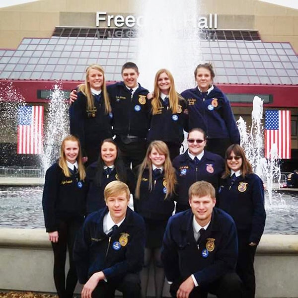 Albert Lea High School FFA officers and members attended the FFA national convention. Top row, from left, is Cali Adams, Ryan Hanson, Krystal Viktora and Hannah Nelson. Middle row is Maddy Nelson, Ally Stanek, Ally Hagen, Rachel Bera and Amanda Bera. Bottom row is Tanner Alfson and Jarod Martin. - Provided