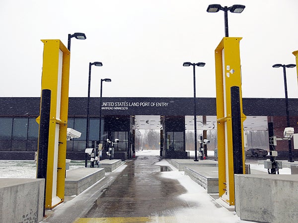 These yellow pillars scan incoming cars for radioactive material at the U.S. Port of Entry near Warroad. The devices were installed after 9/11 to catch potential dirty bombs, but usually flag cancer patients returning from radiation treatments. - John Enger/MPR News 