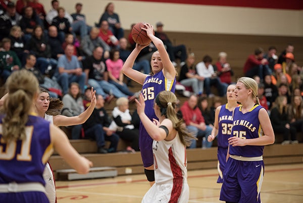 Lake Mills’ Lexi Groe goes up for a shot during Friday’s game against Garner-Hayfield/Ventura in Garner, Iowa. - Lory Groe/For the Albert Lea Tribune