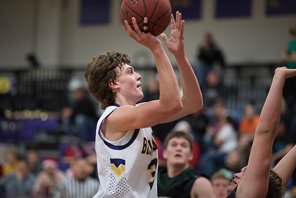 Lake Mills’ Granger Kingland shoots during Tuesday’s 60-44 victory over North Union at Lake Mills High School. Kingland had 31 points, 11 rebounds and three assists for the Bulldogs. - Lory Groe/For the Albert Lea Tribune