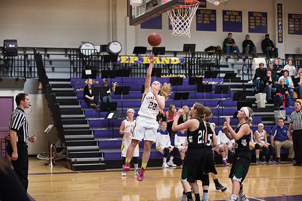 Lake Mills’ Emily Orban puts up a shot in Tuesday’s 52-50 victory over North Union at Lake Mills High School. Orban had five points, two rebounds and two steals for the Bulldogs. - Lory Groe/For the Albert Lea Tribune