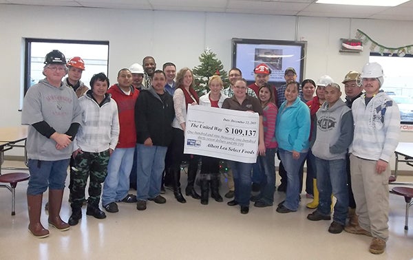 Albert Lea Select Foods employees achieved the Most Generous Award for their 2015 campaign, raising over $109,000 for United Way of Freeborn County. Pictured are staff from Select Foods as well as United Way staff and volunteers. -Provided
