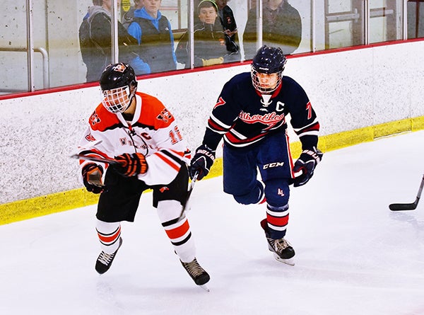 Albert Lea’s Foster Otten plays during Tuesday’s 5-0 win over Winona. Otten scored two goals and assisted on two others. - Daniel Otten/For the Albert Lea Tribune