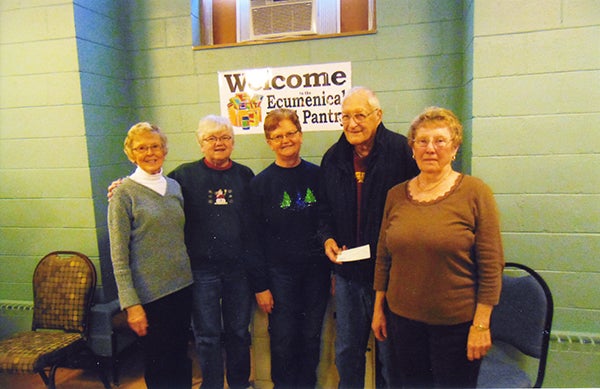 Robert Hahn, representing Western Star Lodge No. 26 A.M. and F.M., presents members of the Ecumenical Food Pantry with a supportive donation for the work they do in the community of Albert Lea. Accepting the check for the food pantry were Dorothy Simonsen, Carlun Tufte, JoAnn Sorenson and Annette Johnson. The Masonic organization is the oldest fraternal organizations in Freeborn County. It was chartered in 1858. -Provided