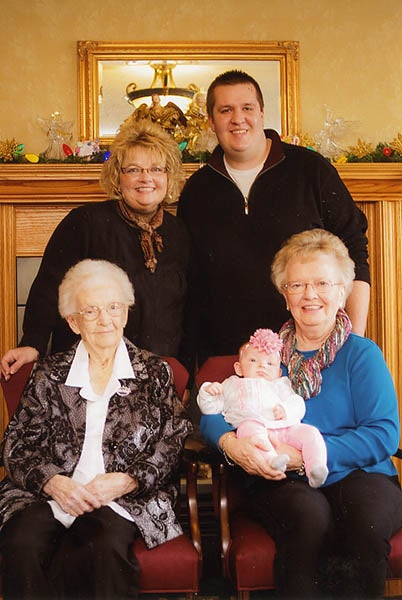Great-great-grandmother Dorothy Beighley, great-grandmother Judy Luksik, grandmother Lynda Everhard, father David Everhard and baby Raegen Lynn Everhard gathered for a generations photo. - Provided