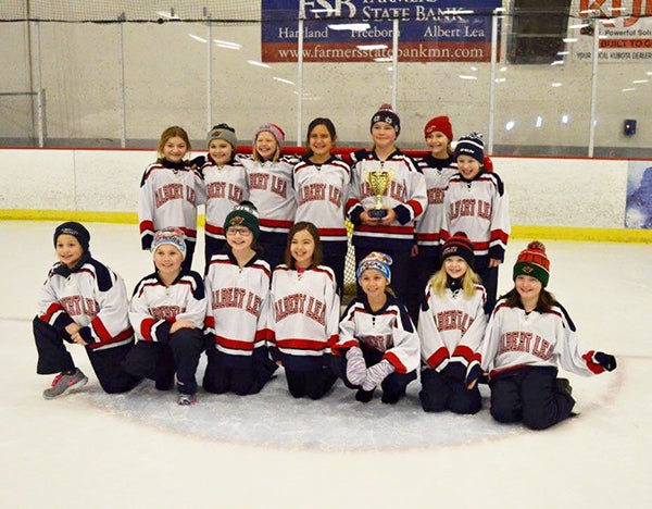The Albert Lea U10 girls’ hockey team took third place at their home tournament the weekend of Jan. 15-17. Pictured, front row, are Shelby Evans, Jordan Habana, Taylor Larsen, Sydney Fornwald, Emery Nelson, Keira Erickson and Liley Steven. Pictured, back row, are Lilyona Valdez, Zizi Willet, Mika Cichosz, Lillian Hernandez, Cooper Klaahsen, Rachel Doppelhammer and Olivia Ellsworth.- Provided