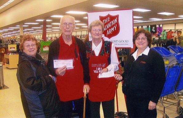 Albert Lea Eagles Aerie No. 2258 Worthy President John King and Eagles Auxiliary No. 2258 Madam President Nancy King rang bells for The Salvation Army during the Christmas season. At that time the duo also presented checks to Maj. Elsie Cline and Maj. Louise Delano-Sharpe of The Salvation Army. Provided