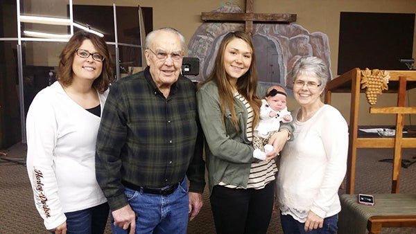 Grandmother Heather Coombs, great-great-grandpfather Bruce Buchanan, mother Savannah Lira, baby Briley Marie Madson and great-grandmother Laurie Sistek gathered for a generations photo. -Provided