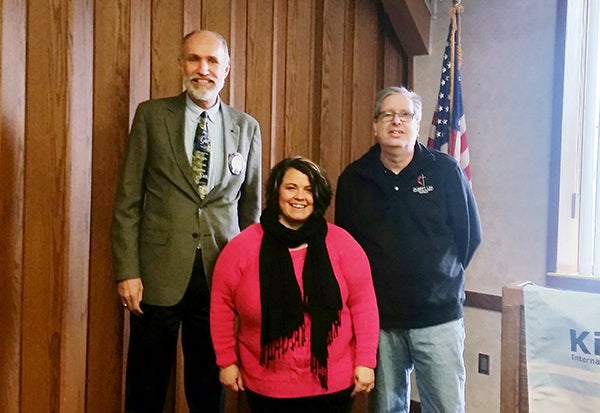The Albert Lea Noon Kiwanis Club welcomed John Mitchem, United Methodist Church pastor, back right, to the club earlier this month. Pictured with Mitchem in back is John Holt. In front is Kim Nelson. - Provided