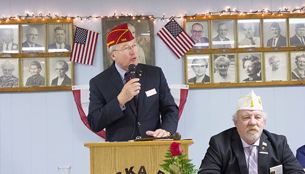 American Legion National Cmdr. Dale Barnett discusses progress made at the American Legion Wednesday afternoon in Wells. - Sam Wilmes/Albert Lea Tribune
