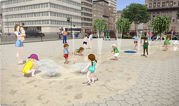 This rendering shows what a potential splash pad at the corner of Broadway and Fountain Street could look like. Splash pads feature jets with water. Jets would be turned on by pressing a button. 