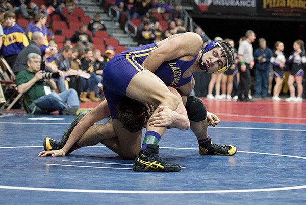 Lake Mills’ Slade Sifuentes wrestles at 195 in Class 1A Wednesday during the state dual tournament at Wells Fargo Arena in Des Moines. Lory Groe/For the Albert Lea Tribune