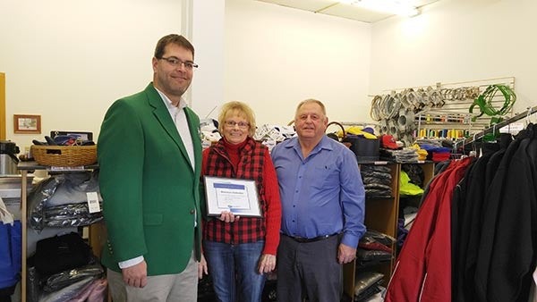 The Albert Lea-Freeborn County Chamber of Commerce Ambassadors welcome Gladys Reinertson of Reinertson Embroidery to its new location. - Provided