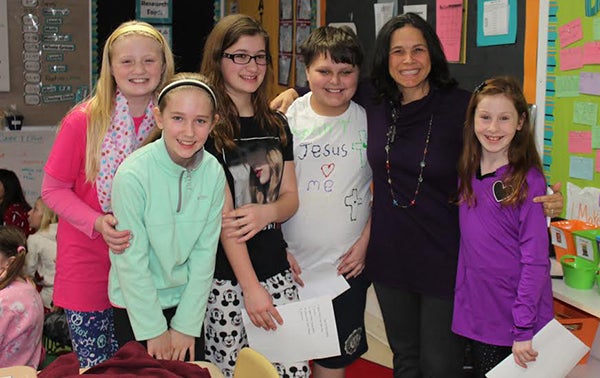 Cassellius visits with Sibley Elementary students Friday morning during her visit to the school. - Provided