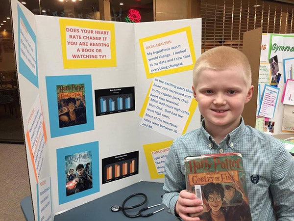 Brendan Earl’s science project answered the question, “Does your heart beat change if you are are reading  a book or watching TV?” He used Harry Potter books and movies during the test of his theory. - Provided
