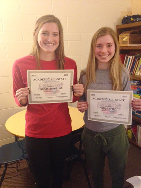 Albert Lea’s Hannah Savelkoul, left, and Haley Larson hold their certificates from the Minnesota Girls’ Hockey Coaches Association for their Academic All-State recognition. All-State is awarded to any player who is a senior with a cumulative GPA of 3.8 or above, including the current grading term. - Provided