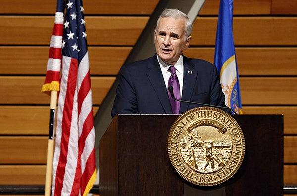 Gov. Mark Dayton delivers his State of the State address Wednesday at the University of Minnesota in Minneapolis. - Jim Mone/For MPR News