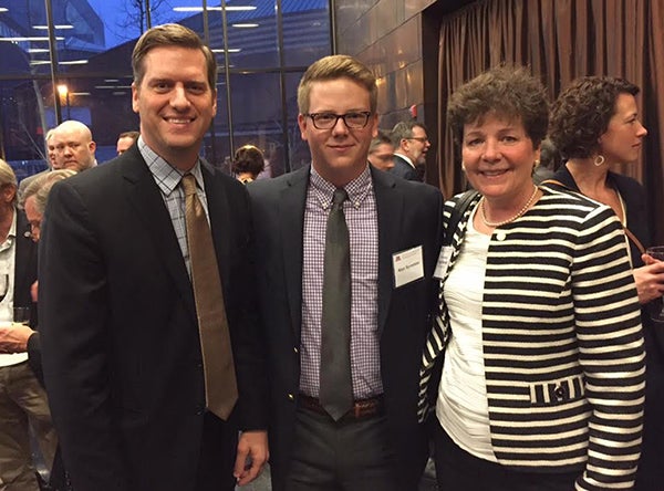Speaker of the House Kurt Daudt, left, and District 27A Rep. Peggy Bennett, R - Albert Lea, welcome Albert Lea High School student Alex Syverson to the State of the State address on Thursday at the University of Minnesota. - Provided