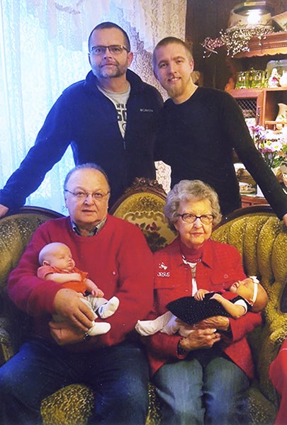 Five generations gather for a family photo, including father, Jordon Olson; grandfather, Steve Olson; great-grandfather, Larry Olson, who is holding Nash Olson; and great-great-grandmother, Verona Thorson, who is holding Nova Olson. - Provided