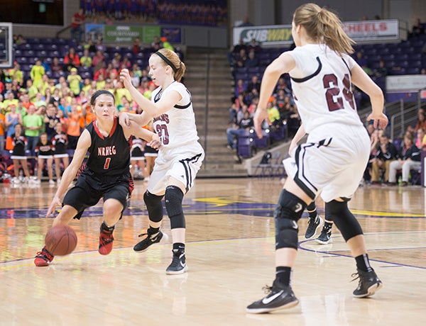 NRHEG's Maddie Wagner drives to the basket during Friday's Section 2AA finals against Norwood-Young America at Minnesota State University-Mankato. - Colleen Harrison/Albert Lea Tribune